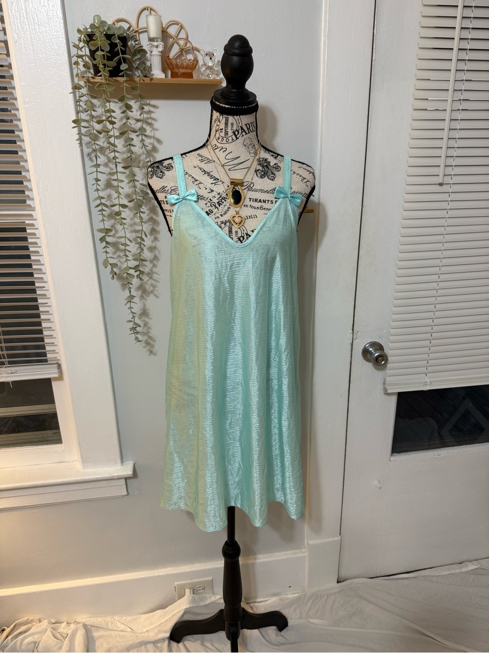 80s vintage coquette babydoll dress slip with bow detail 100% nylon made in USA